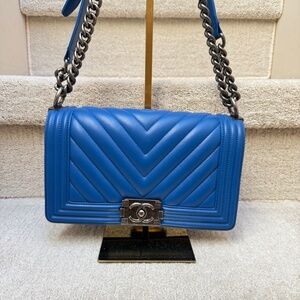 Chanel Boy Bag in Size Medium in Royal Blue with Ruthenium